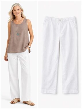 Garnet Hill 100% Linen White Straight Leg Pants Women’s 14 Coastal Chic Resort